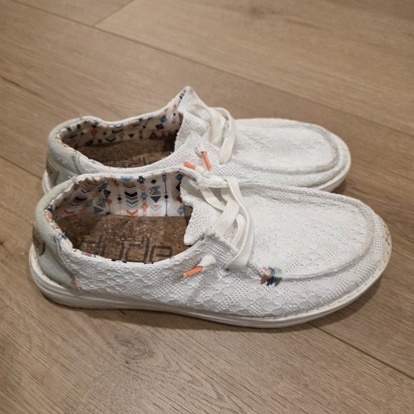Hey Dude Shoes - Hey Dude Shoes Womens 7 White Wendy Boho Crochet Moc Toe Sneakers Fabric Casual